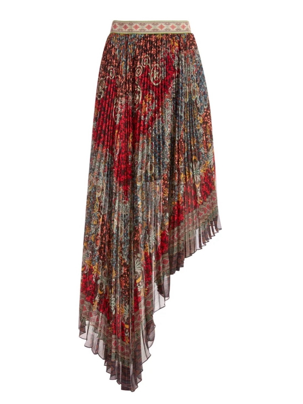 Alice + Olivia Red Multi Asymmetrical Pleated Maxi Skirt